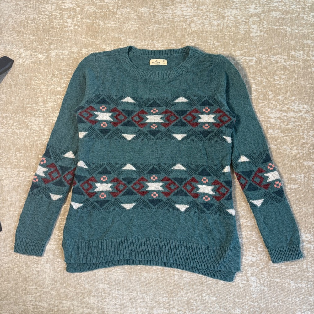 Hollister Womens Teal Blue Southwestern Geometric Knit Crewneck Sweater Size M